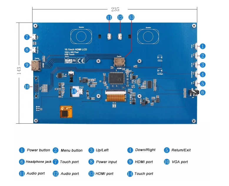 10.1 Zoll IPS 1024x600px TFT-Touchscreen mit 5-Punkt-Touch-Unterstützung