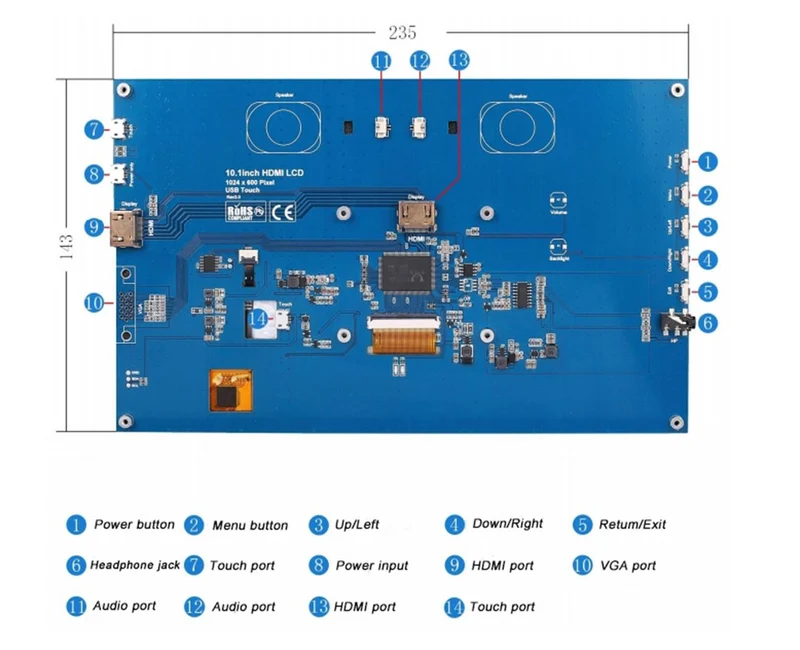 10.1 Zoll IPS-Display (1024 x 600 Pixel) mit hoher Helligkeit, TFT-Bildschirm ohne Touchscreen