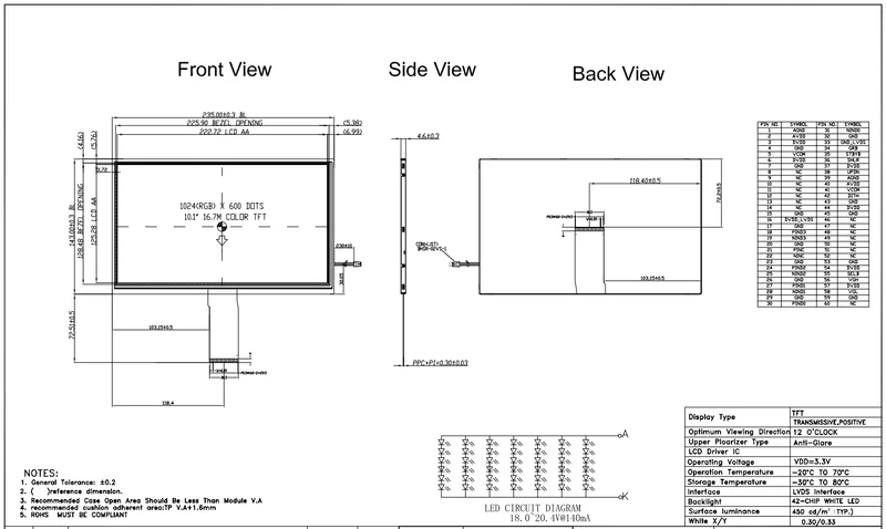 10.1 Zoll Standard 1024x600px LVDS-Schnittstelle Hochhelles TFT-Display ohne Touchscreen