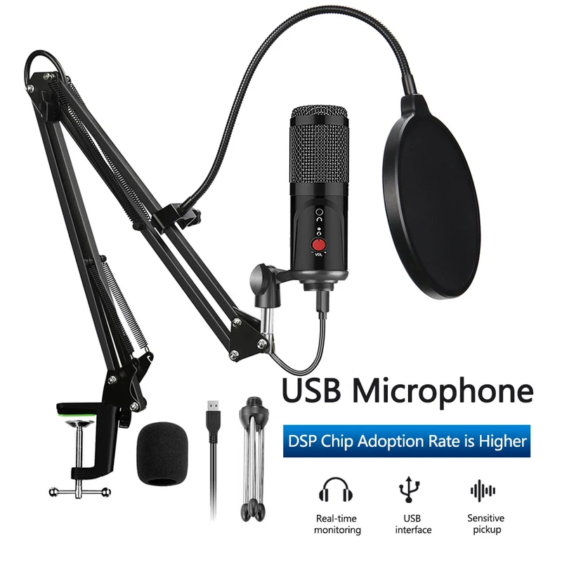 Condenser Microphone With Tripod USB Computer Studio Microphone For PC Microphone For Phone Karaoke Microphone With Sound Card