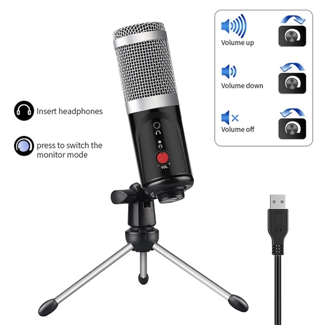 Condenser Microphone With Tripod USB Computer Studio Microphone For PC Microphone For Phone Karaoke Microphone With Sound Card