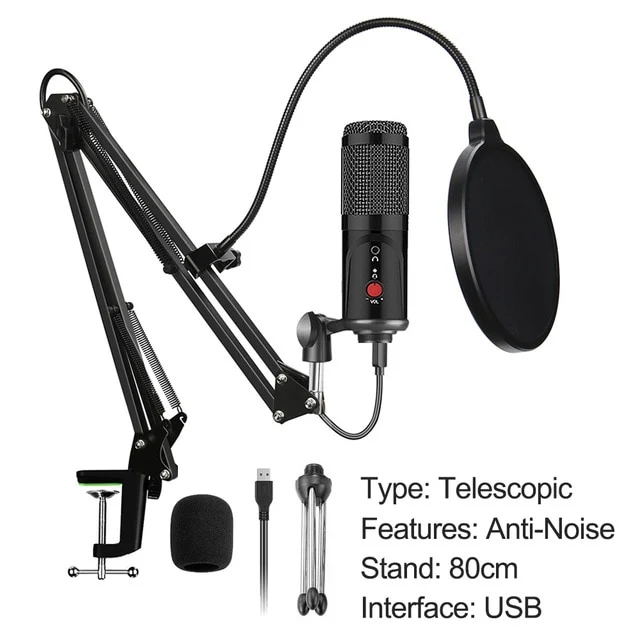 Condenser Microphone With Tripod USB Computer Studio Microphone For PC Microphone For Phone Karaoke Microphone With Sound Card