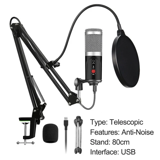 Condenser Microphone With Tripod USB Computer Studio Microphone For PC Microphone For Phone Karaoke Microphone With Sound Card