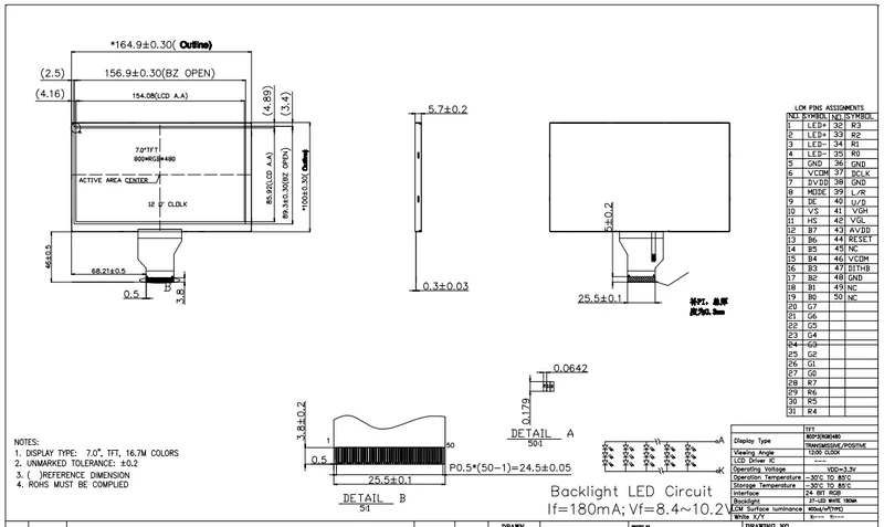 7.0 Zoll Standard-TFT-Display (800 x 480 Pixel) mit hoher Helligkeit, ohne Touchscreen
