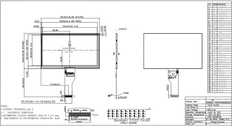 7.0 Zoll Standard 1024x600px High Brightness LVDS Interface TFT ohne Touchscreen