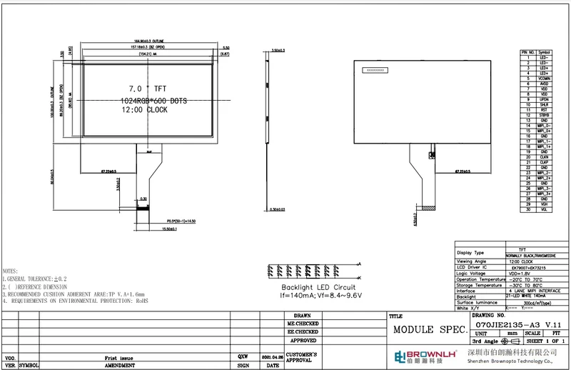 7.0 Zoll Standard 1024x600px TFT ohne Touchscreen
