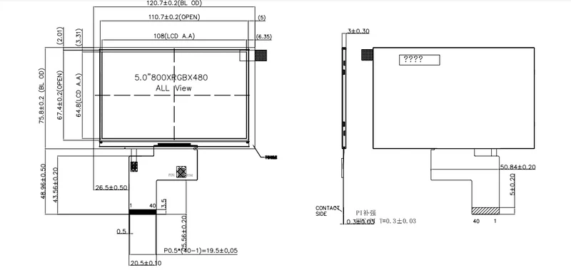 5.0 Zoll IPS 800x480px TFT ohne Touchscreen