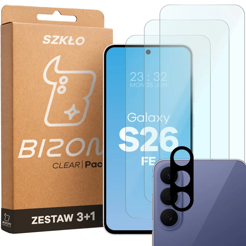 Gehärtetes Glas - 3 Stück + Kameraschutz für Galaxy S26 FE, Bizon Glass Clear Pack