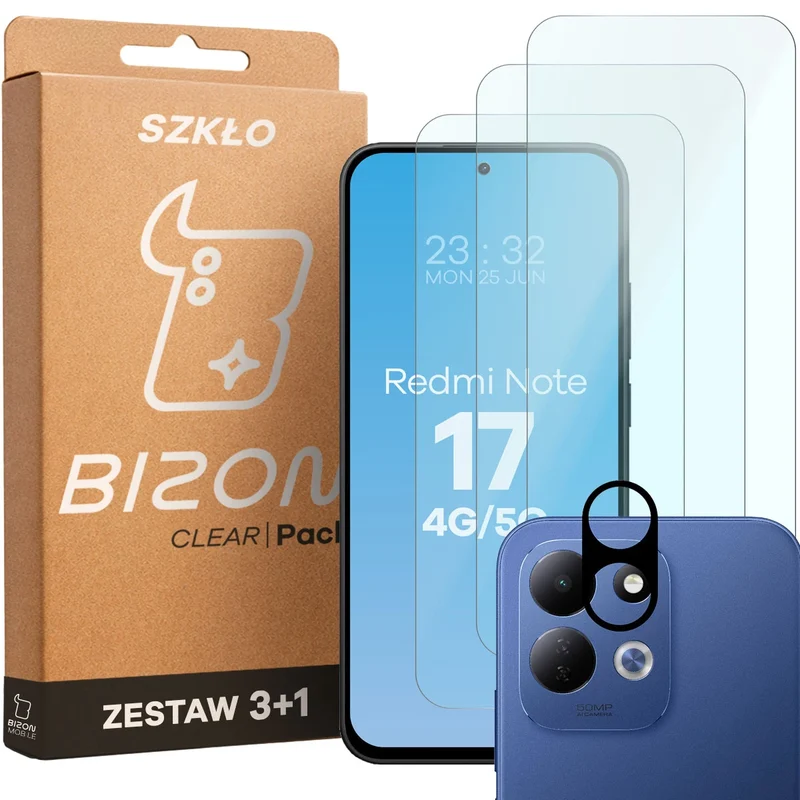 Gehärtetes Glas - 3 Stück + Kameraschutz für Xiaomi Redmi Note 17 4G/5G, Bizon Glass Clear Pack