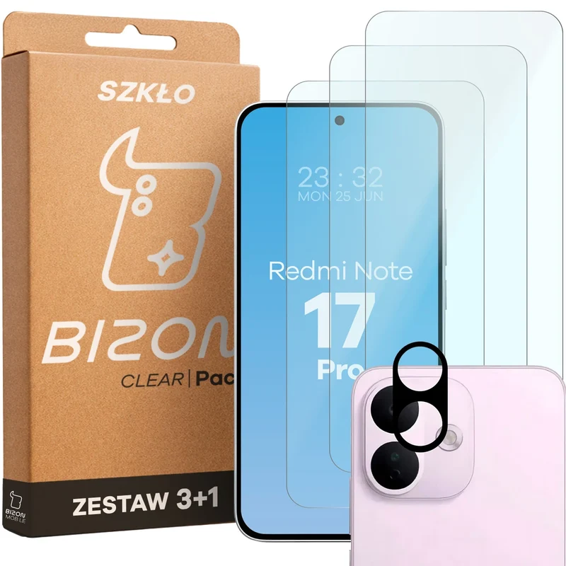Gehärtetes Glas - 3 Stück + Kameraschutz für Xiaomi Redmi Note 17 Pro 5G, Bizon Glass Clear Pack