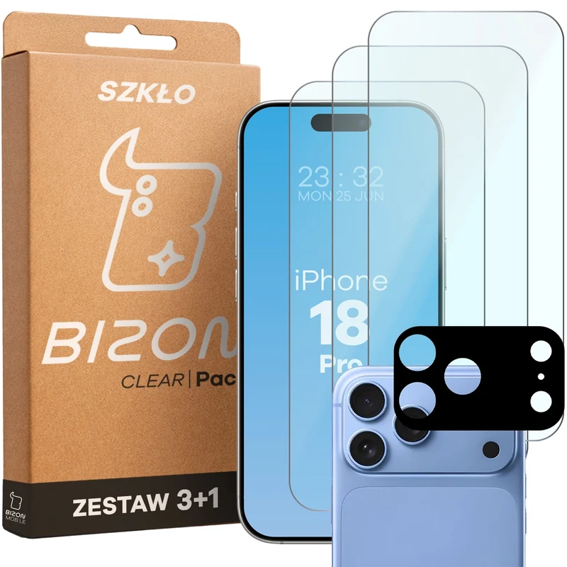 Gehärtetes Glas - 3 Stück + Kameraschutz für iPhone 18 Pro, Bizon Glass Clear Pack