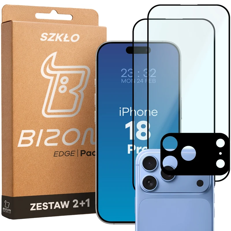Gehärtetes Glas - 2 Stück + Kameraschutz für iPhone 18 Pro, Bizon Glass Edge Pack,