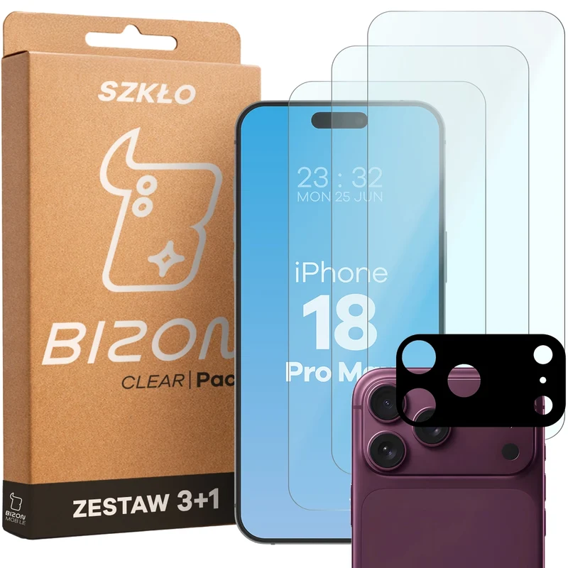 Gehärtetes Glas - 3 Stück + Kameraschutz für iPhone 18 Pro Max, Bizon Glass Clear Pack