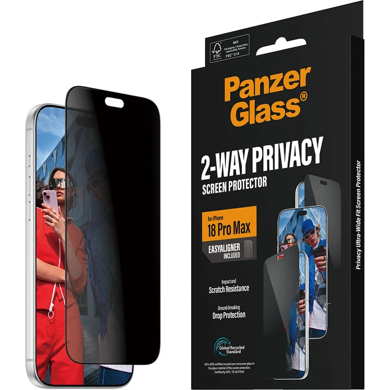 Sichtschutzglas mit Applikator für iPhone 18 Pro Max, PanzerGlass 2-Way Ultra-Wide Fit Privacy Plus EasyAligner