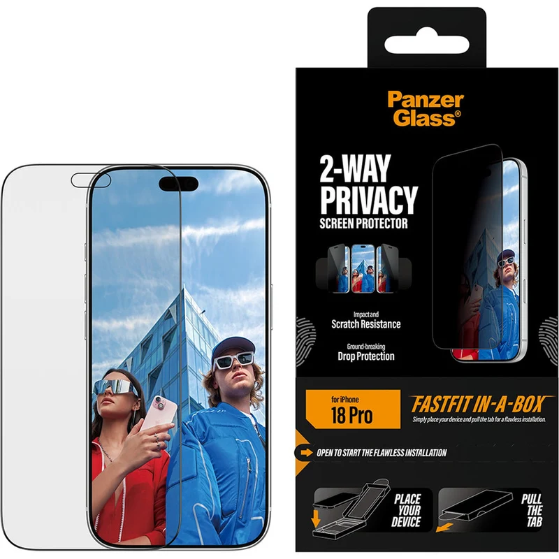Sichtschutzglas mit Applikator für iPhone 18 Pro, PanzerGlass 2-Way Privacy Ultra-Wide Fit FastFit