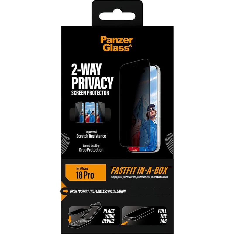 Sichtschutzglas mit Applikator für iPhone 18 Pro, PanzerGlass 2-Way Privacy Ultra-Wide Fit FastFit