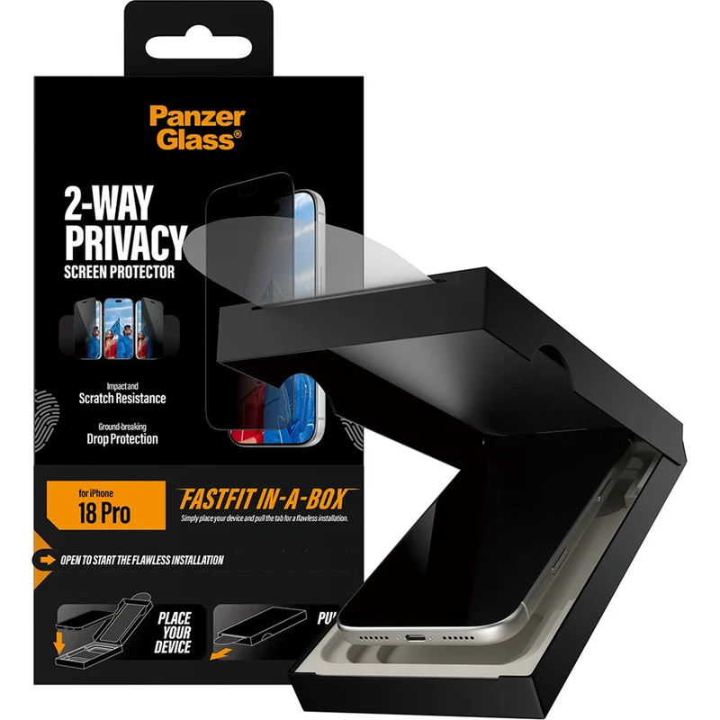 Sichtschutzglas mit Applikator für iPhone 18 Pro, PanzerGlass 2-Way Privacy Ultra-Wide Fit FastFit
