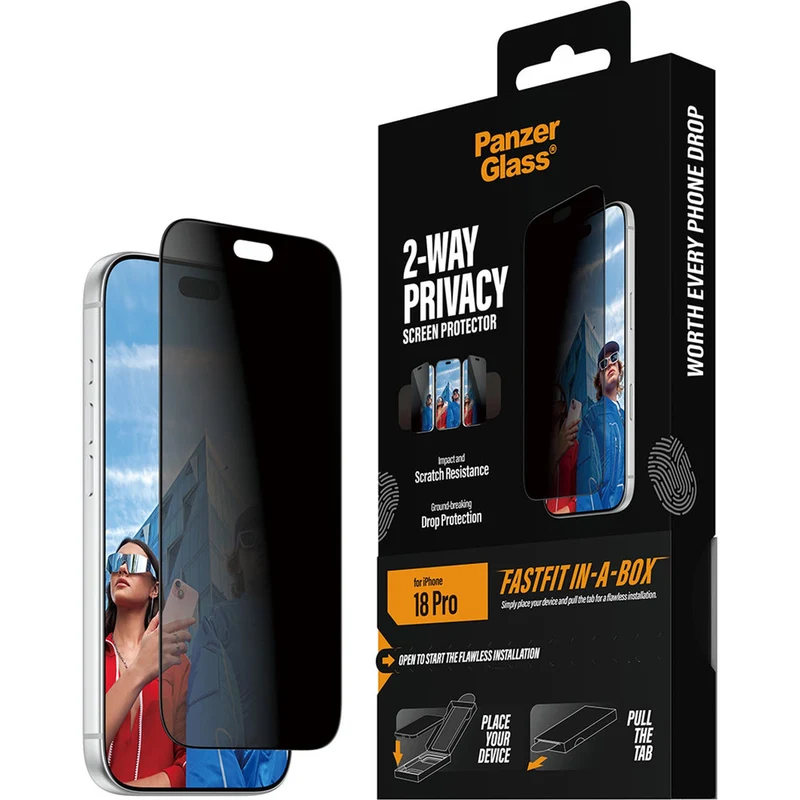 Sichtschutzglas mit Applikator für iPhone 18 Pro, PanzerGlass 2-Way Privacy Ultra-Wide Fit FastFit