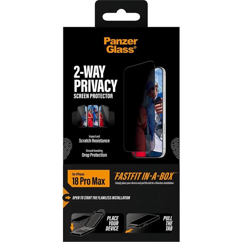 Sichtschutzglas mit Applikator für iPhone 18 Pro Max, PanzerGlass 2-Way Privacy Ultra-Wide Fit FastFit