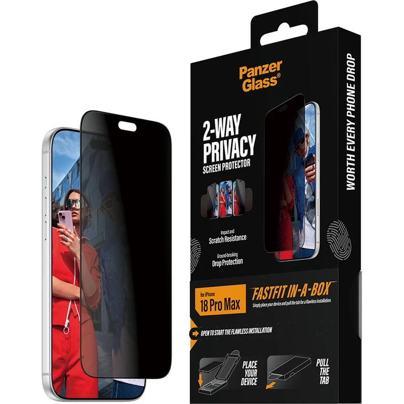 Sichtschutzglas mit Applikator für iPhone 18 Pro Max, PanzerGlass 2-Way Privacy Ultra-Wide Fit FastFit