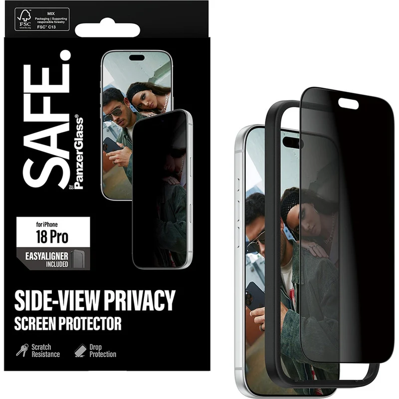 Sichtschutzglas mit Applikator für iPhone 18 Pro, SAFE by PanzerGlass Ultra-Wide Fit Privacy mit EasyAligner