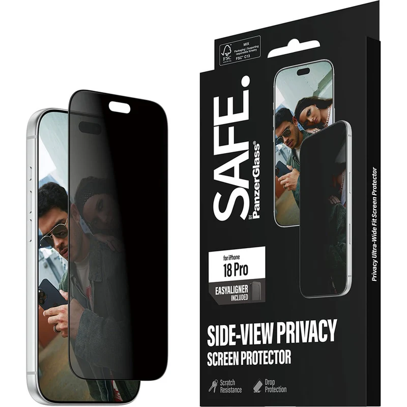 Sichtschutzglas mit Applikator für iPhone 18 Pro, SAFE by PanzerGlass Ultra-Wide Fit Privacy mit EasyAligner