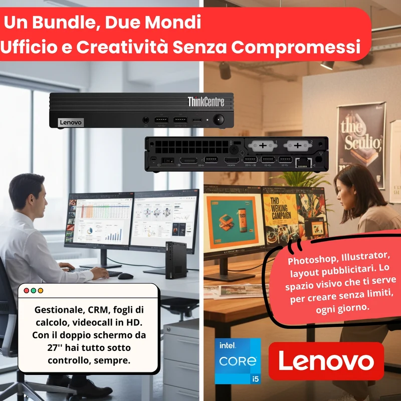 Bundle Lenovo Dual Monitor | ThinkCentre M80Q Mini PC i5-10500T Ram 16GB SSD 512GB Win11 Pro + 2x ThinkVision S27-4e 27" FHD IPS 100Hz NUOVI