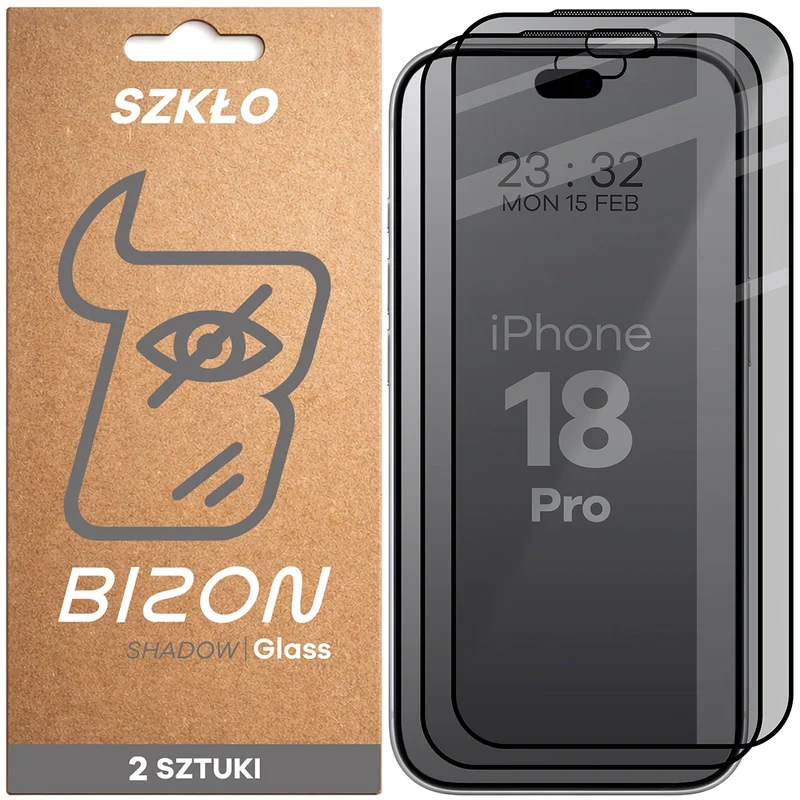 Gehärtetes Glas mit Privatschutzfilter für iPhone 18 Pro, Bizon Glass Edge Shadow Duo, getönt mit schwarzer Rahmen, 2 Stück
