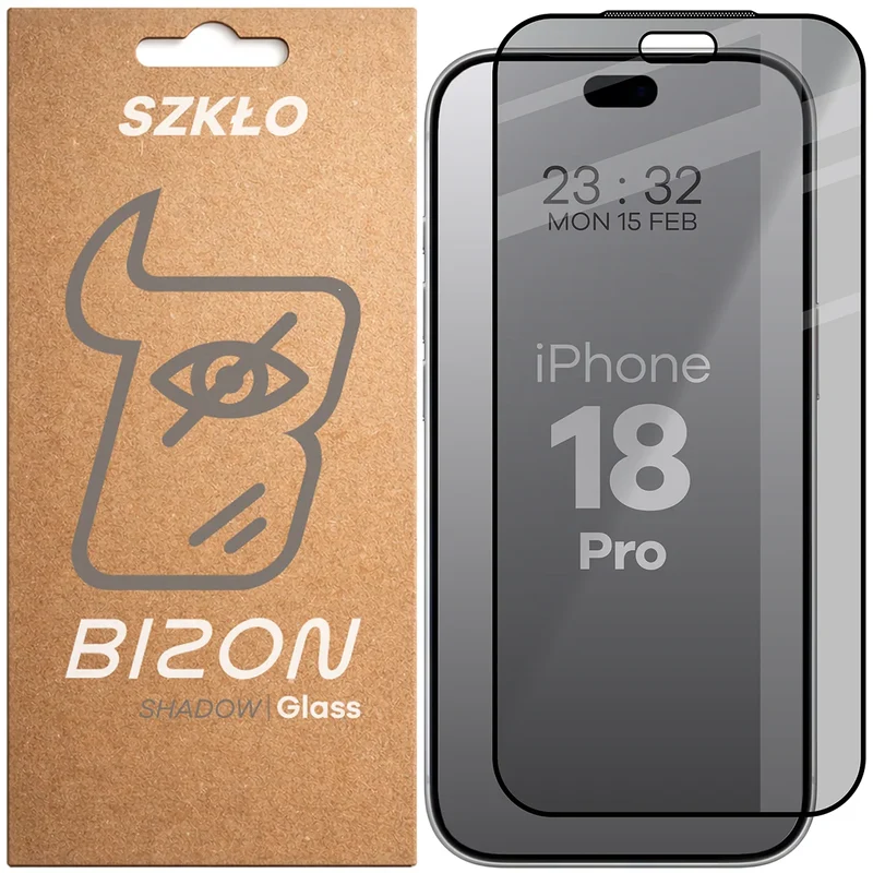 Gehärtetes Glas mit Privatschutzfilter für iPhone 18 Pro, Bizon Glass Edge Shadow, getönt mit schwarzer Rahmen