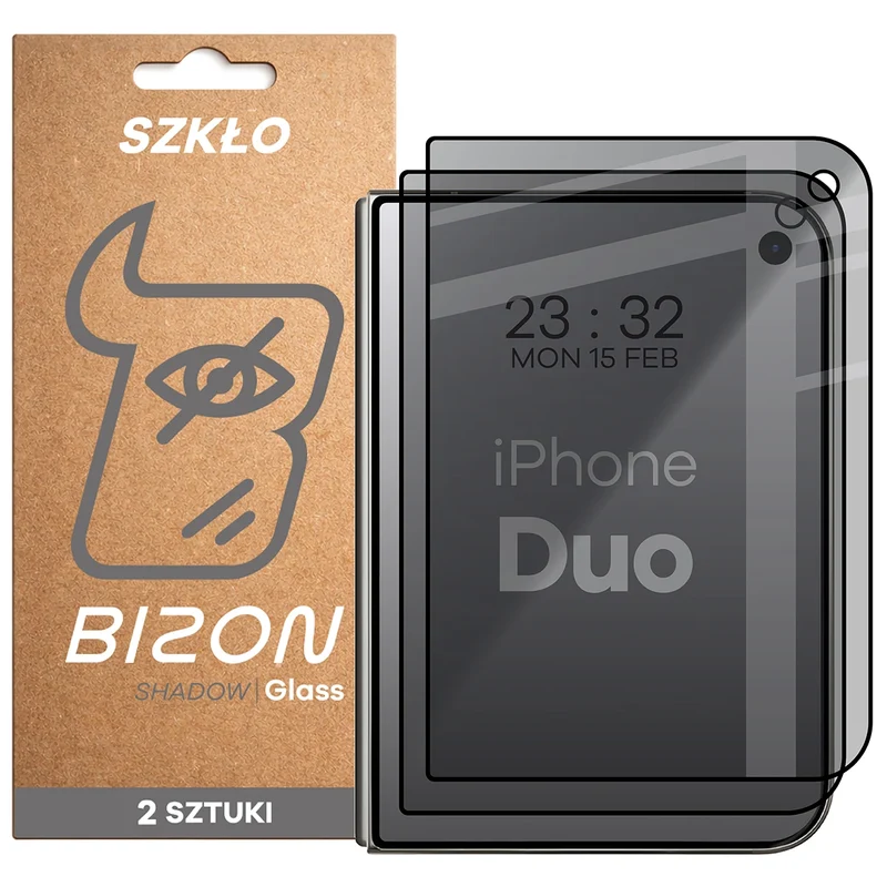 Gehärtetes Glas mit Privatschutzfilter für iPhone Duo, Bizon Glass Edge Shadow Duo, getönt mit schwarzer Rahmen, 2 Stück