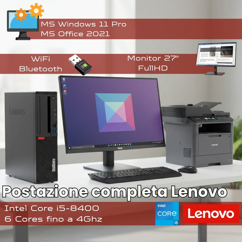 Bundle Ufficio Completo Lenovo M920S | Intel Core i5-8400 | Ram 16GB | SSD 512GB | Monitor 27" + Stampante Brother WiFi + Kit Wireless Win 11 Pro & Office 2021