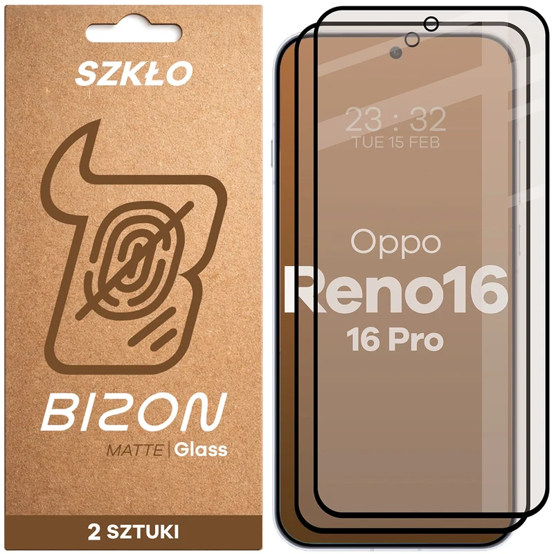 Mattes Hartglas für Oppo Reno16 / Reno16 Pro 5G, Bizon Glass Matte Duo, Schwarzer Rahmen, 2 Stück