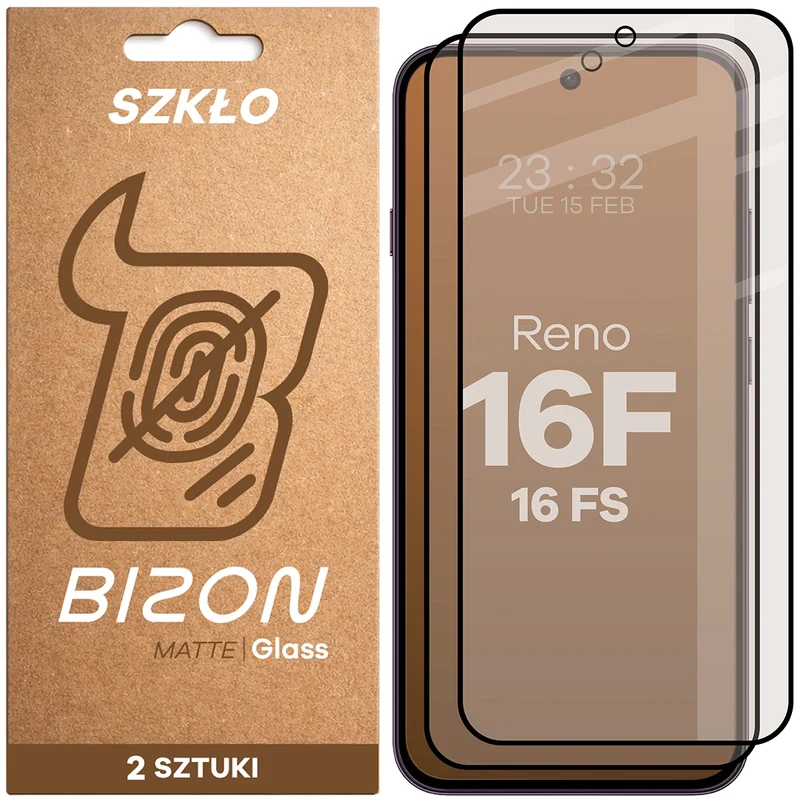 Mattes Hartglas für Oppo Reno16 F / Reno16 FS, Bizon Glass Matte Duo, Schwarzer Rahmen, 2 Stück