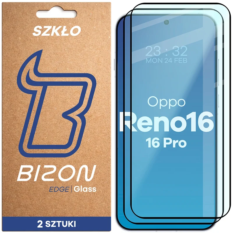 Gehärtetes Glas für Oppo Reno16 / Reno16 Pro 5G, Bizon Glass Edge Duo, Schwarzer Rahmen, 2 Stück