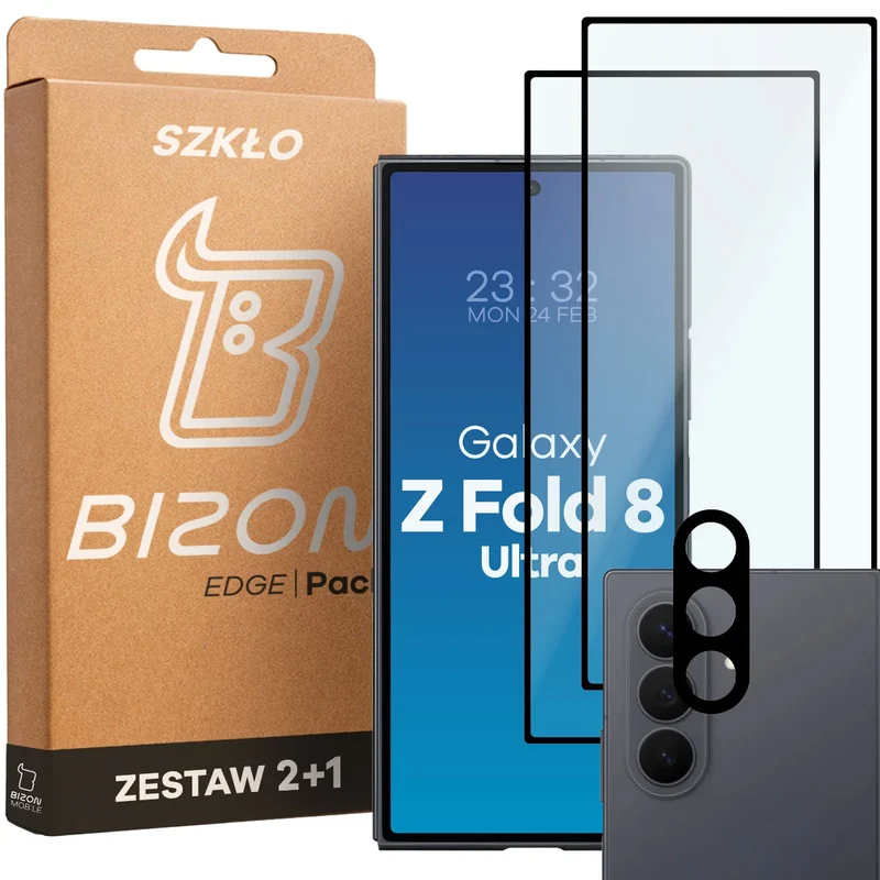 Gehärtetes Glas - 2 Stück + Kameraschutz für Galaxy Z Fold8 Ultra, Bizon Glass Edge Pack, Schwarz