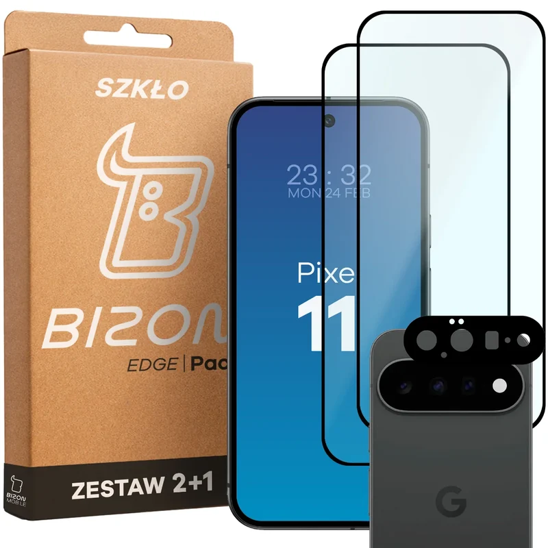 Gehärtetes Glas - 2 Stück + Kameraschutz für Google Pixel 11, Bizon Glass Edge Pack, Schwarz