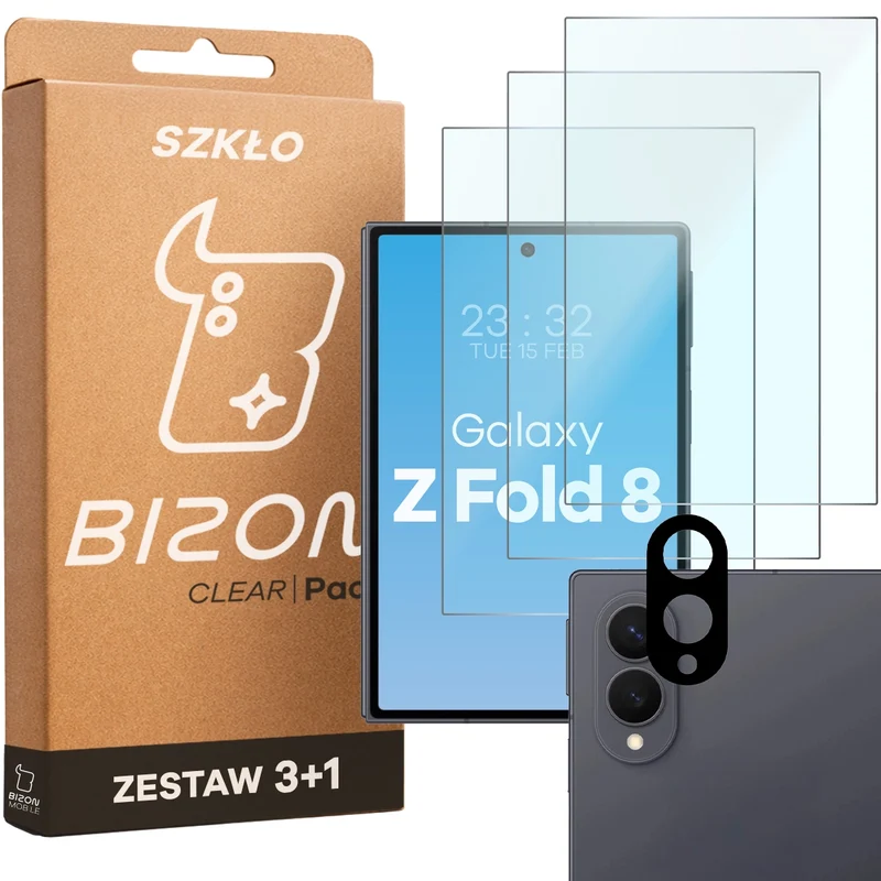 Gehärtetes Glas - 3 Stück + Kameraschutz für Galaxy Z Fold8, Bizon Glass Clear Pack