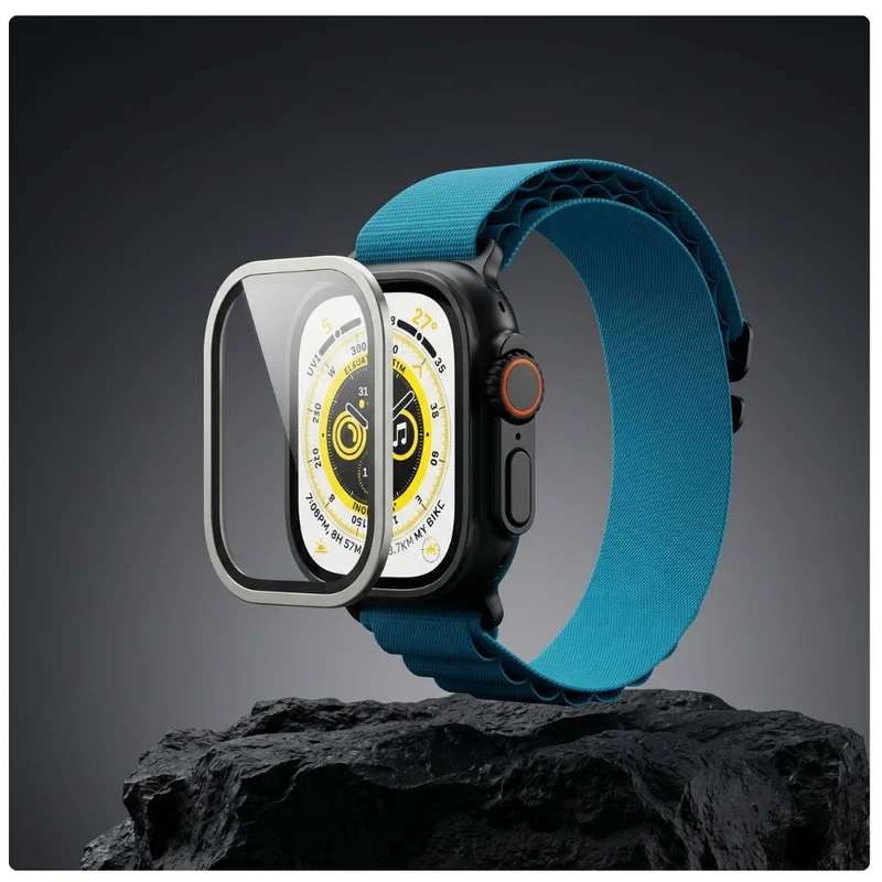 Displayschutzglas YAXO AR Superhard Armor Glass für Apple Watch Ultra 4/3/2/1 49 mm, mit silbernem Rahmen