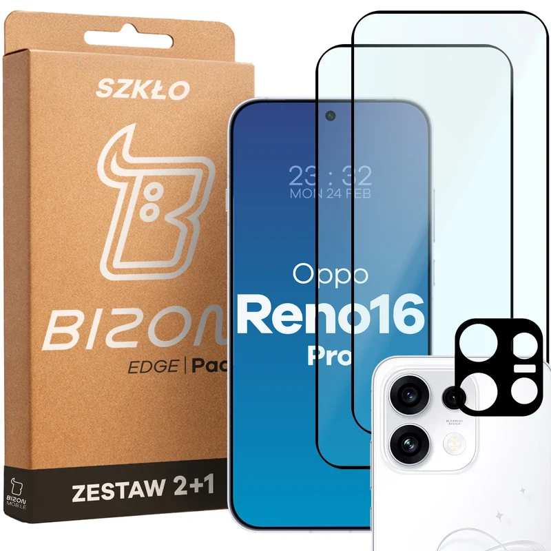 Gehärtetes Glas - 2 Stück + Kameraschutz für OPPO Reno16 Pro, Bizon Glass Edge Pack,