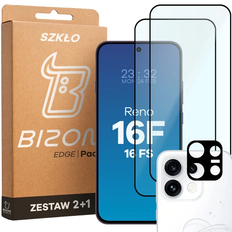 Gehärtetes Glas - 2 Stück + Kameraschutz für Oppo Reno16 F / Reno16 FS, Bizon Glass Edge Pack,