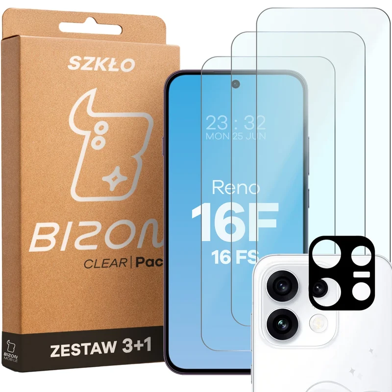 Gehärtetes Glas - 3 Stück + Kameraschutz für Oppo Reno16 F / Reno16 FS, Bizon Glass Clear Pack