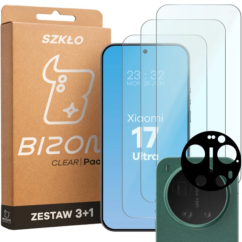 Gehärtetes Glas - 3 Stück + Kameraschutz für Xiaomi 17 Ultra, Bizon Glass Clear Pack