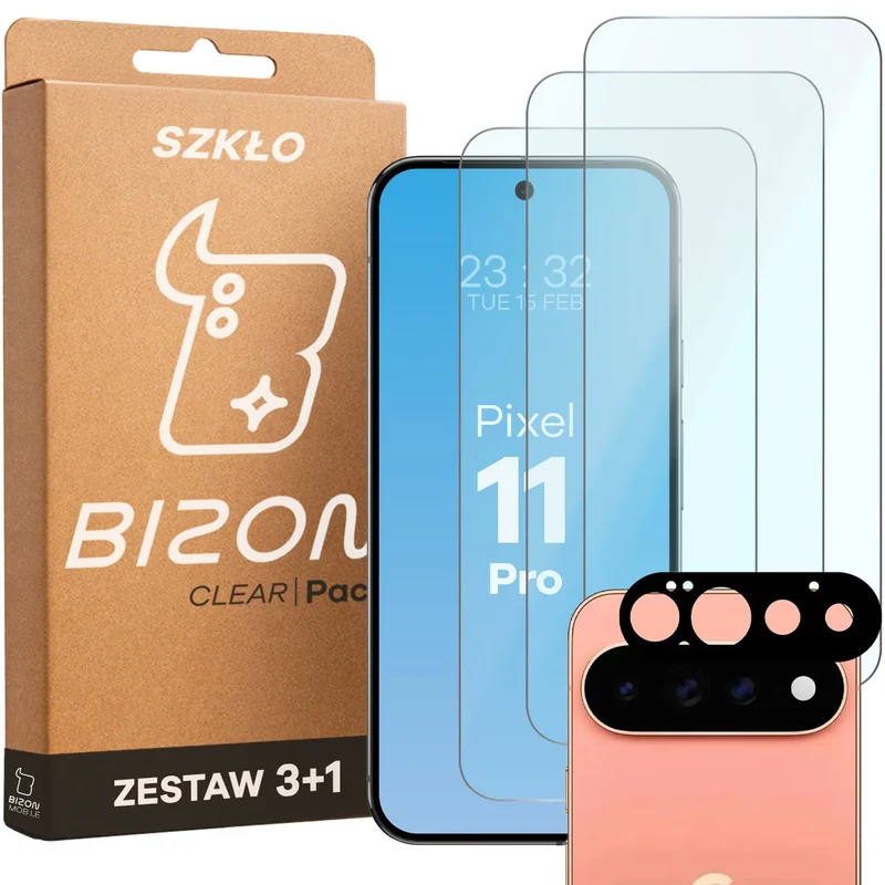Gehärtetes Glas - 3 Stück + Kameraschutz für Google Pixel 11 Pro, Bizon Glass Clear Pack