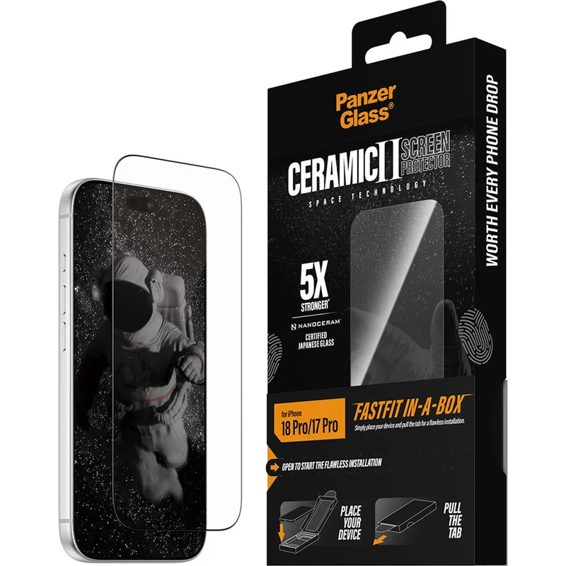 Gehärtetes Glas für iPhone 18 Pro / 17 Pro, PanzerGlass Ceramic Screen Protector aus Keramik mit FastFit-Applikator