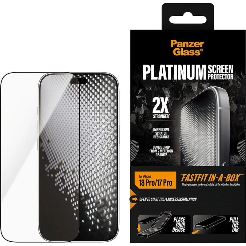 Gehärtetes Glas für iPhone 18 Pro / 17 Pro, PanzerGlass Platinum Screen Protector mit FastFit-Applikator