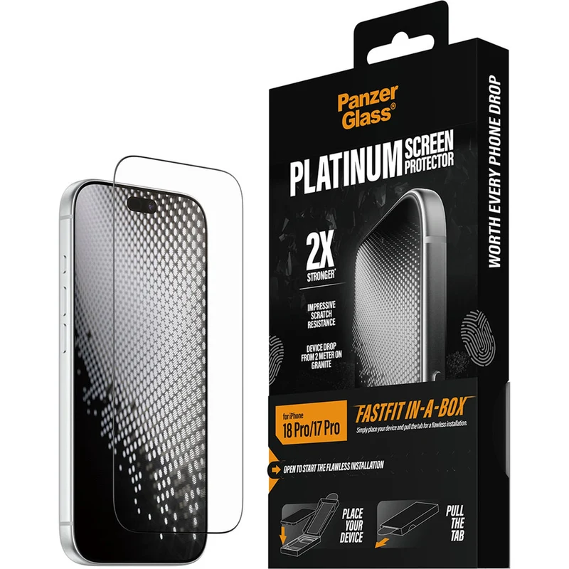 Gehärtetes Glas für iPhone 18 Pro / 17 Pro, PanzerGlass Platinum Screen Protector mit FastFit-Applikator