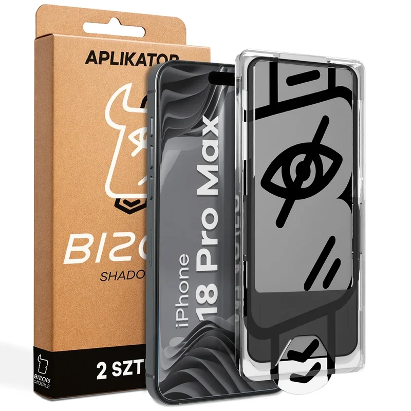 Gehärtetes Glas mit Privatschutzfilter und Applikationsrahmen für iPhone 18 Pro Max, Bizon Glass Aplikator Shadow, 2 Sets