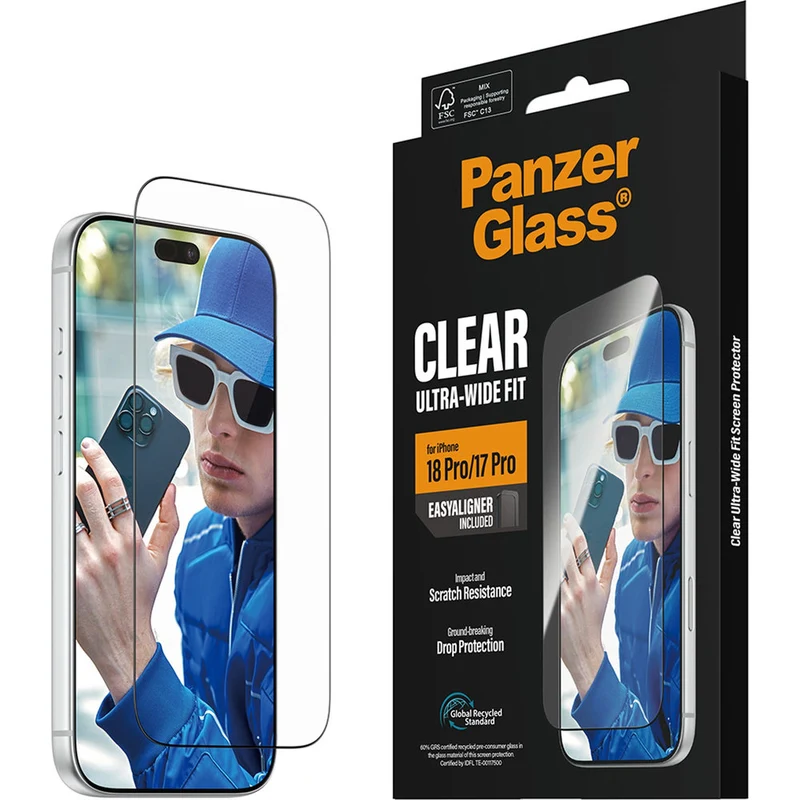 Gehärtetes Glas für iPhone 18 Pro / 17 Pro, PanzerGlass Ultra-Wide Fit, mit schwarzem Rahmen