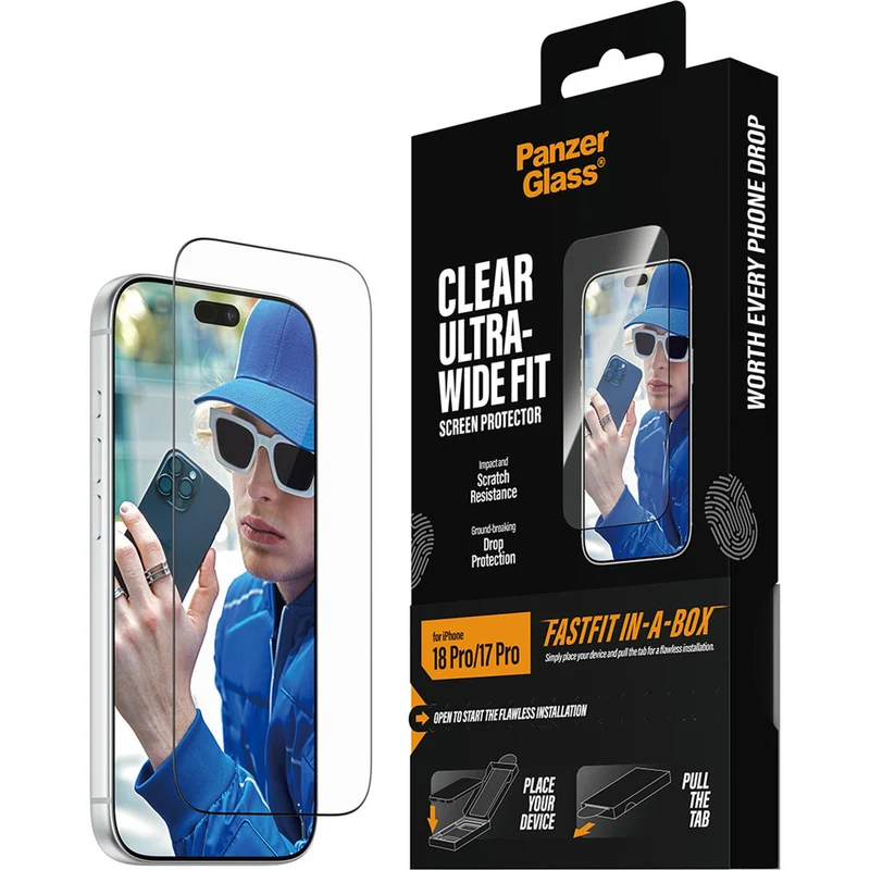 Gehärtetes Glas für iPhone 18 Pro / 17 Pro, PanzerGlass Ultra-Wide Fit mit Applikator FastFit