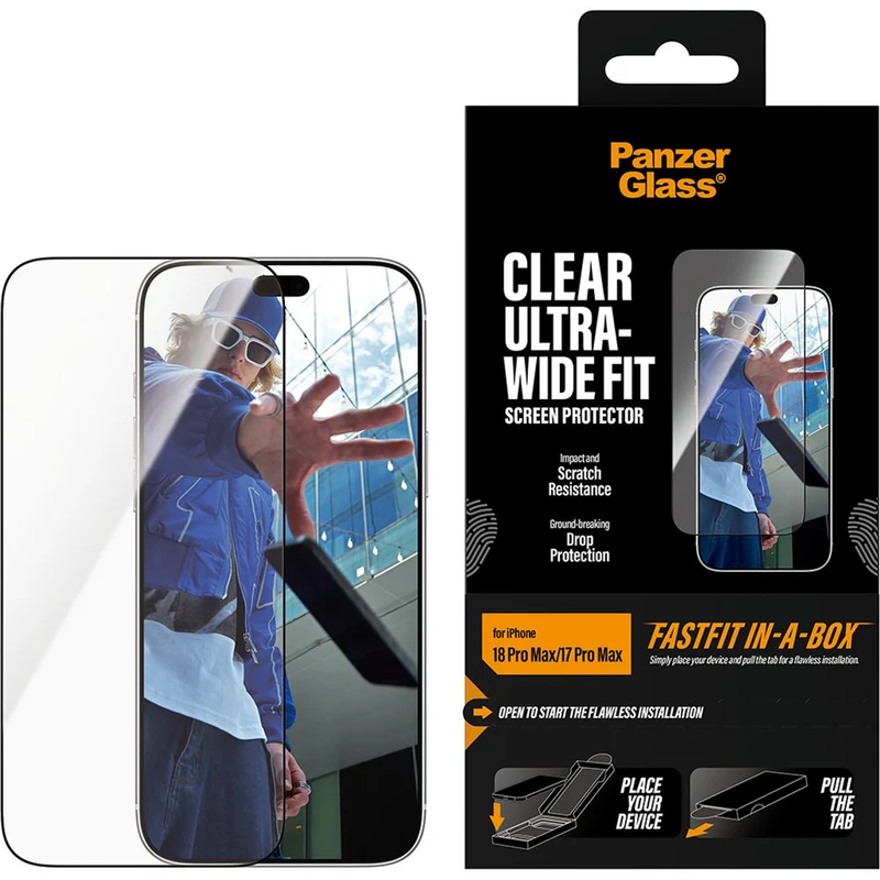 Gehärtetes Glas für iPhone 18 Pro Max / 17 Pro Max, PanzerGlass Ultra-Wide Fit mit Applikator FastFit